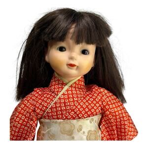 Vintage Japanese Doll Kimono Black Hair Marked Japan Collectible Rubber 18”